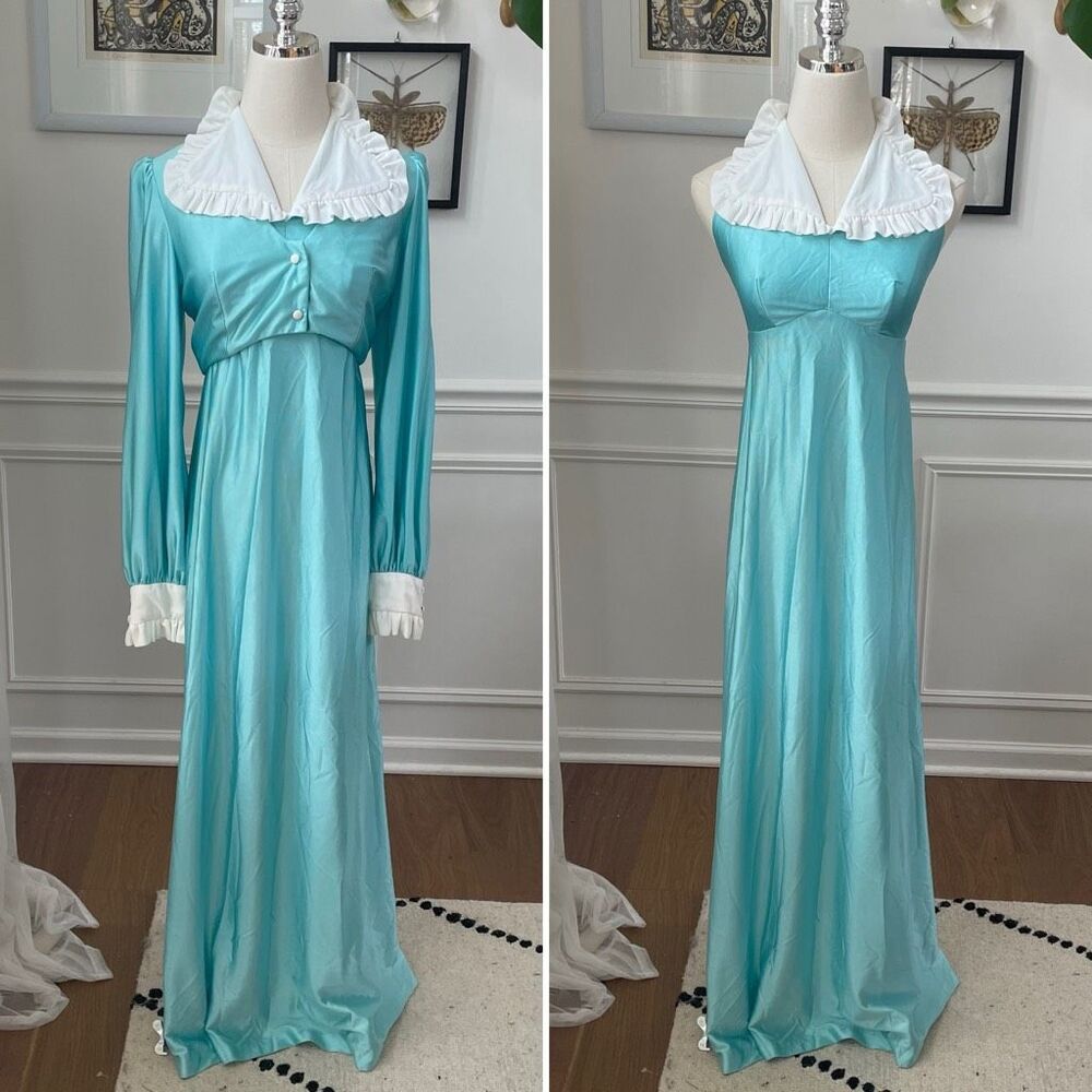 Vintage 60s 70s Turquoise Carol Gowns by Mr Walter 2pc Gown Long Halter Dress XS